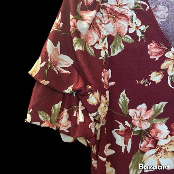 Flower & Feather Maroon Blouse Floral Print V Neck Puffy Sleeve Buttons Women L - Picture 3 of 6